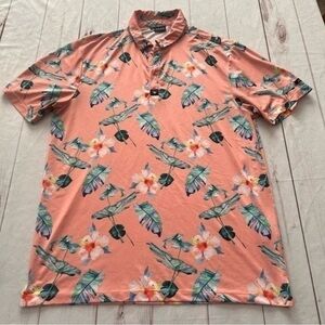 Bad Birdie Polo Mens Golf Orange Bird of Paradise Floral Shirt Large Resortwear